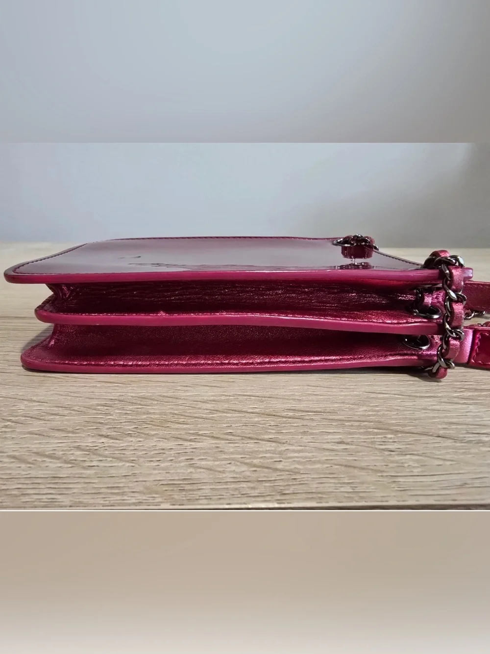 CHANEL Fuchsia Patent Leather CC Phone Crossbody with Chain Strap